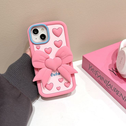 Cute Heart Bow Chic Silicone With Pop Stand Phone Case