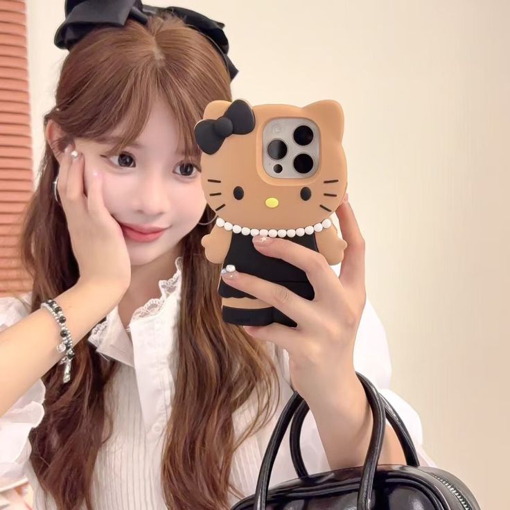 3D Brown Kitty Silicone Phone Case With Black Dress & Bow