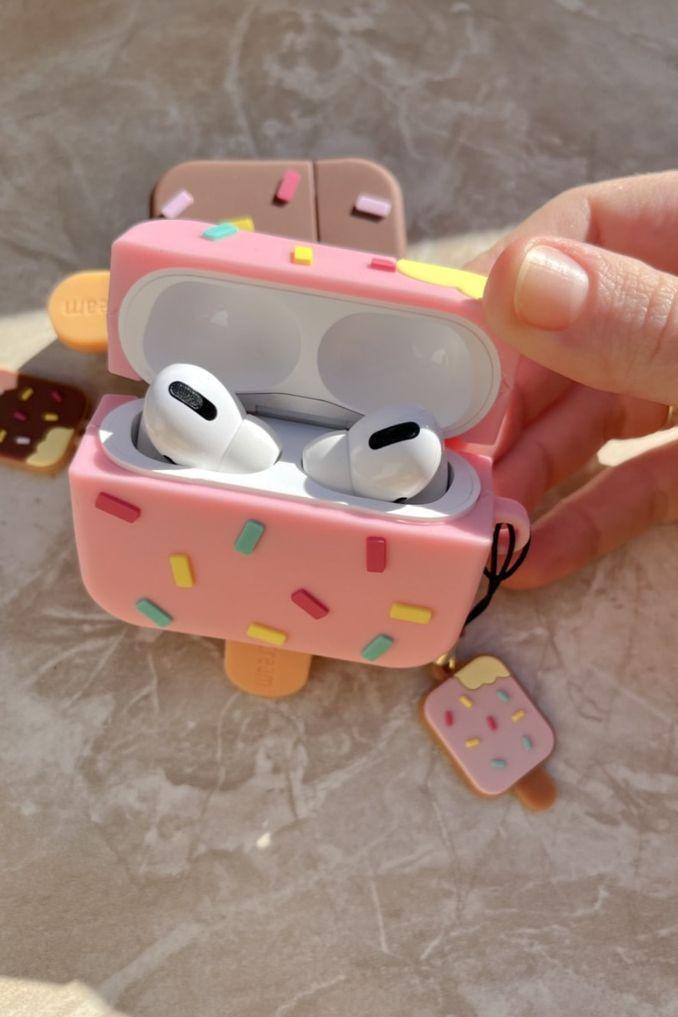 Airpods Case Soft Silicone Cover With Hook Clip For Airpods (Ice Cream With Stick)