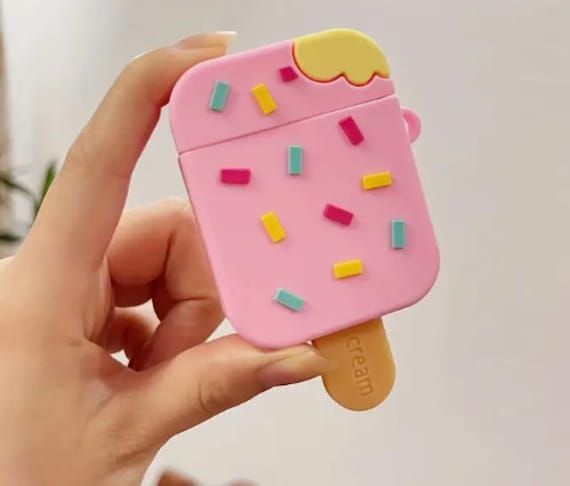 Airpods Case Soft Silicone Cover With Hook Clip For Airpods (Ice Cream With Stick)