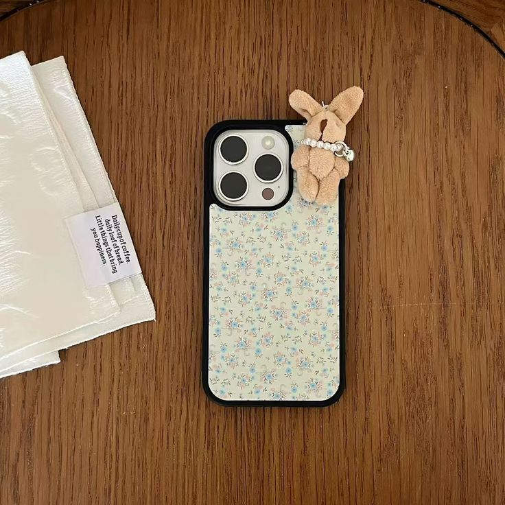Floral Aesthetic Phone Case With Tiny Bunny Charm