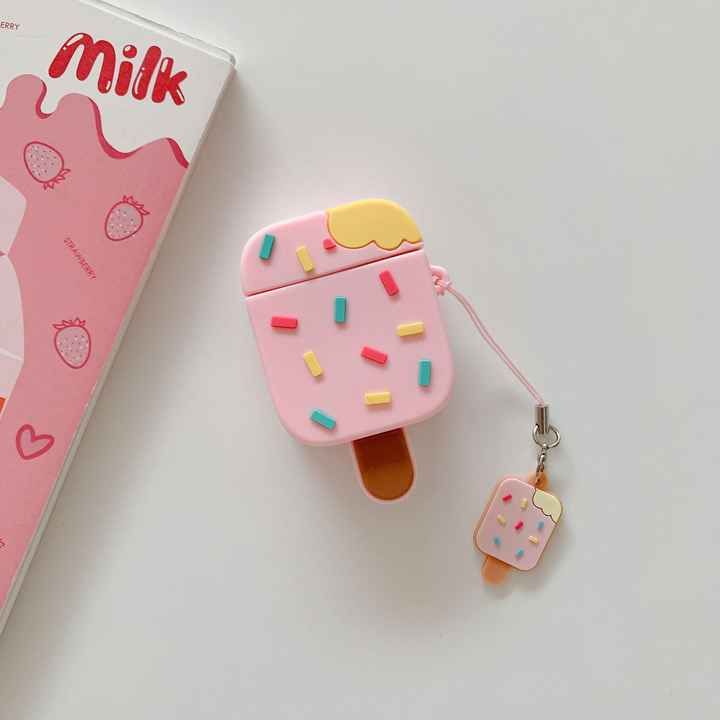 Airpods Case Soft Silicone Cover With Hook Clip For Airpods (Ice Cream With Stick)