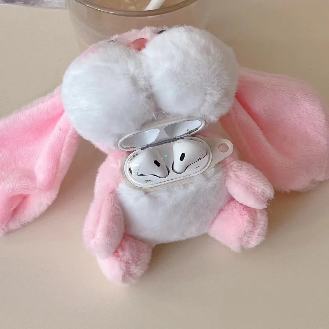 Soft Fluffy Rabbit Plush Bunny AirPods Case with Keychain Clip