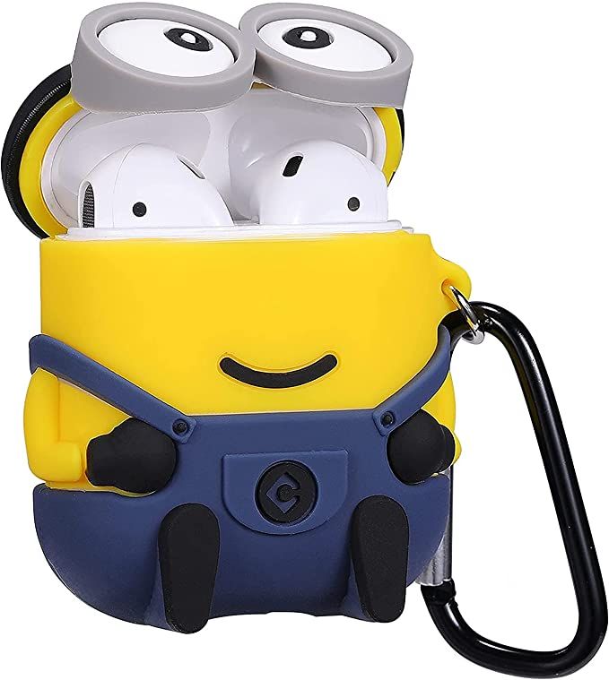 Airpods Case Soft Silicone Cover With Hook Clip For Airpods (Minions Two Eyes)