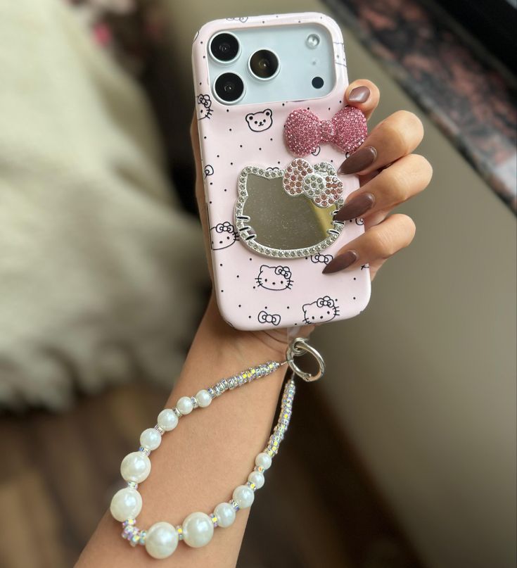Pink Crystal Kitty Phone Case with Pearl Wrist Strap