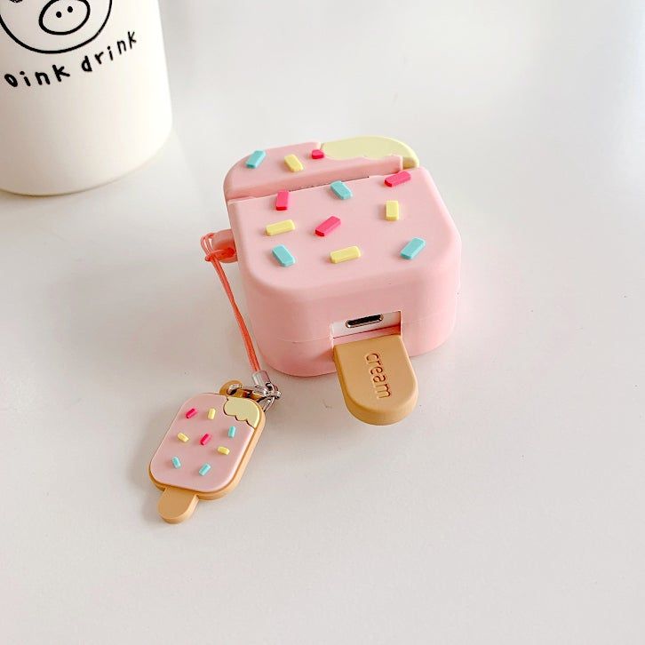 Airpods Case Soft Silicone Cover With Hook Clip For Airpods (Ice Cream With Stick)