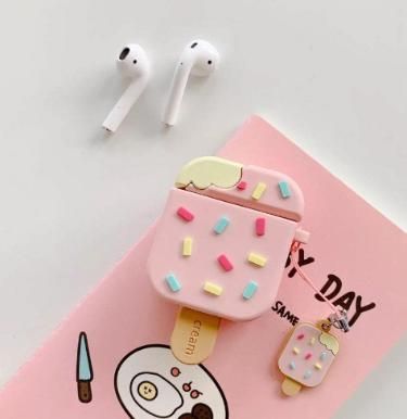 Airpods Case Soft Silicone Cover With Hook Clip For Airpods (Ice Cream With Stick)