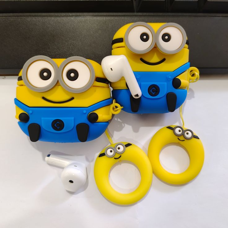 Airpods Case Soft Silicone Cover With Hook Clip For Airpods (Minions Two Eyes)