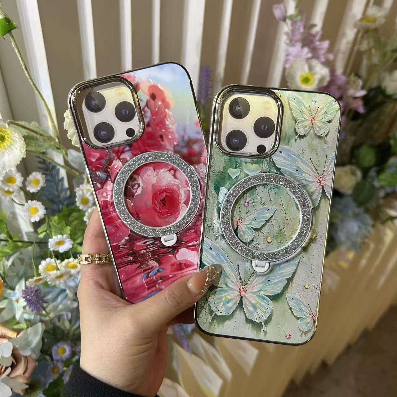 Elegant Floral Printed With Magsafe Stand Phone Case
