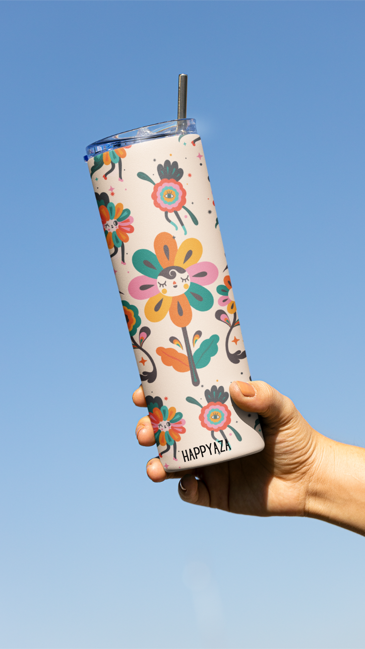 Flower Illustration Designer Tumbler With Metal Straw