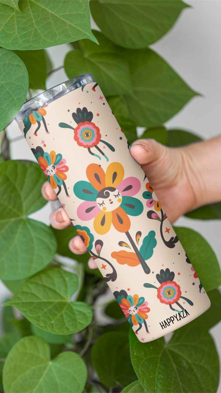 Flower Illustration Designer Tumbler With Metal Straw