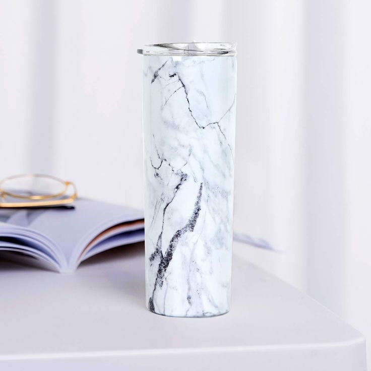 White Marble Designer Tumbler With Metal Straw