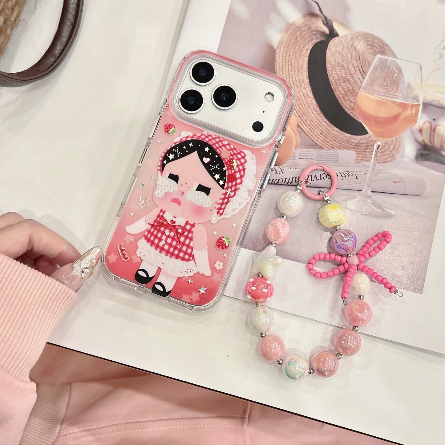 Cute Cartoon Phone Case With Beaded Charm Strap
