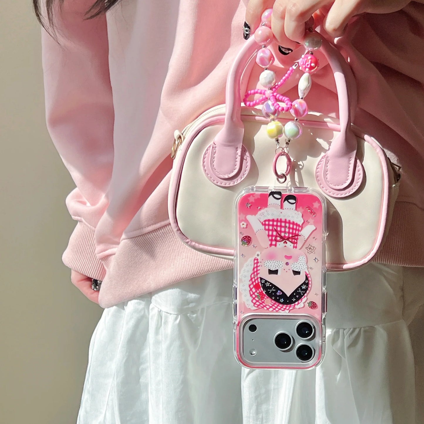 Cute Cartoon Phone Case With Beaded Charm Strap