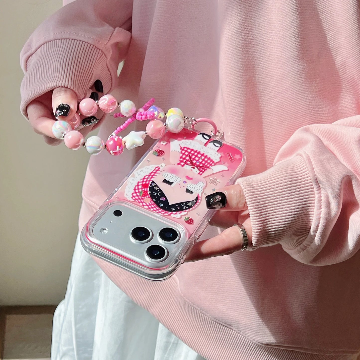Cute Cartoon Phone Case With Beaded Charm Strap