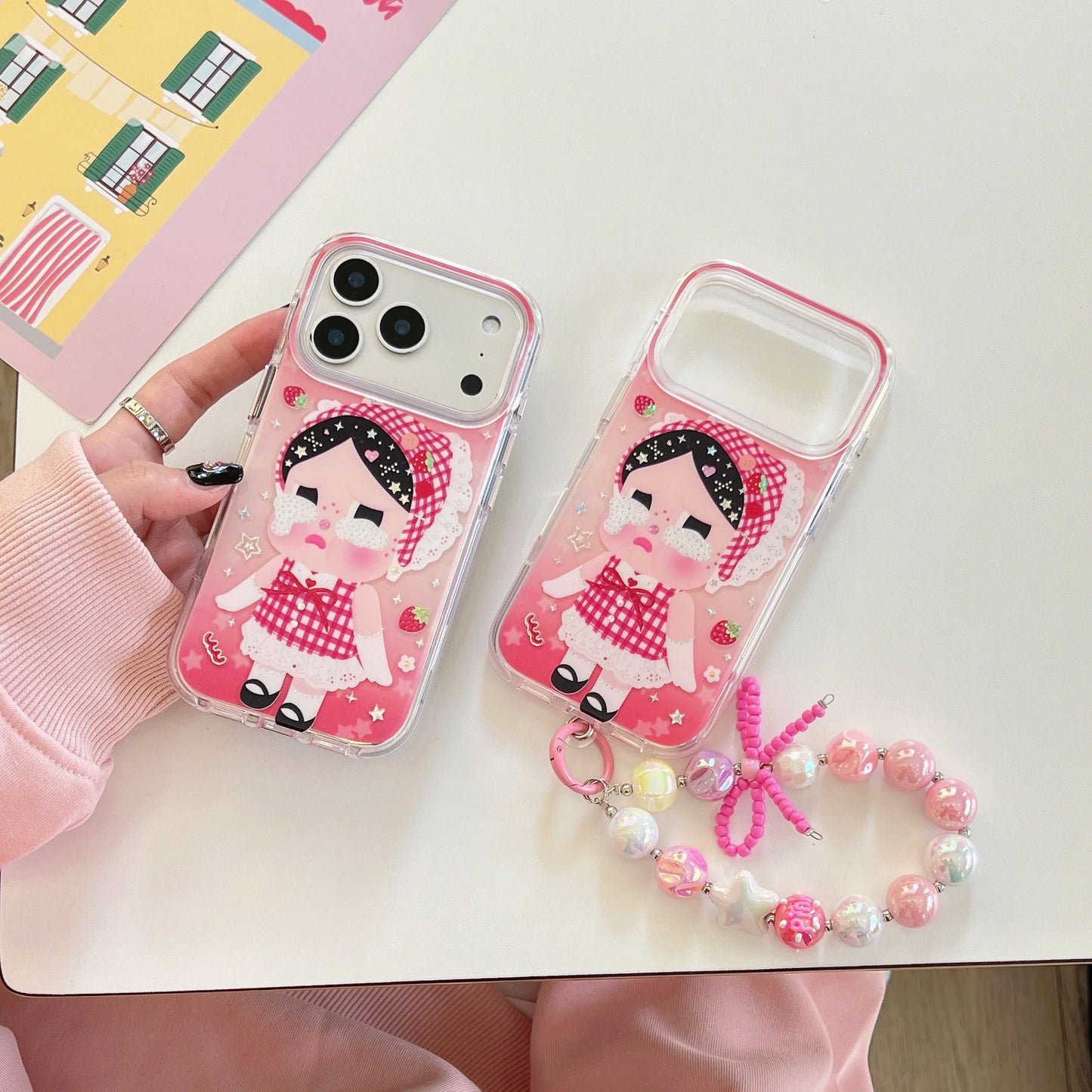 Cute Cartoon Phone Case With Beaded Charm Strap