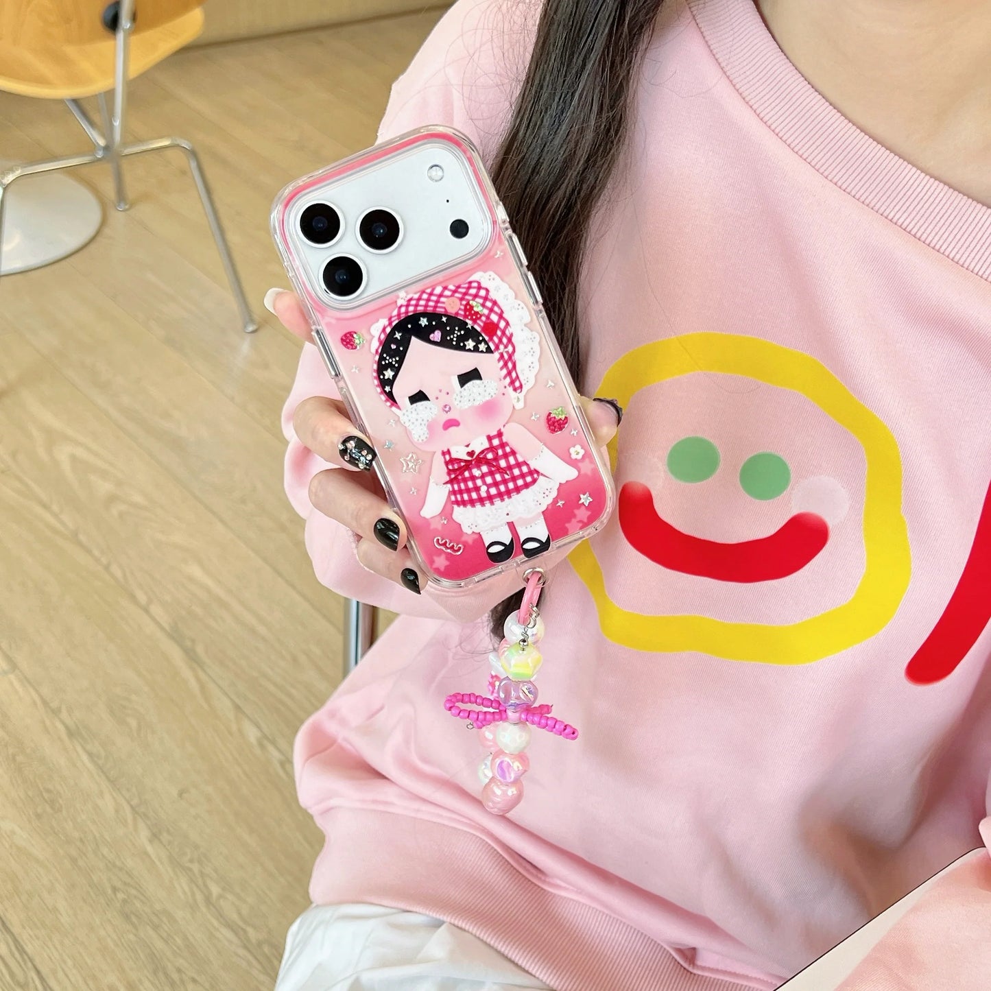 Cute Cartoon Phone Case With Beaded Charm Strap