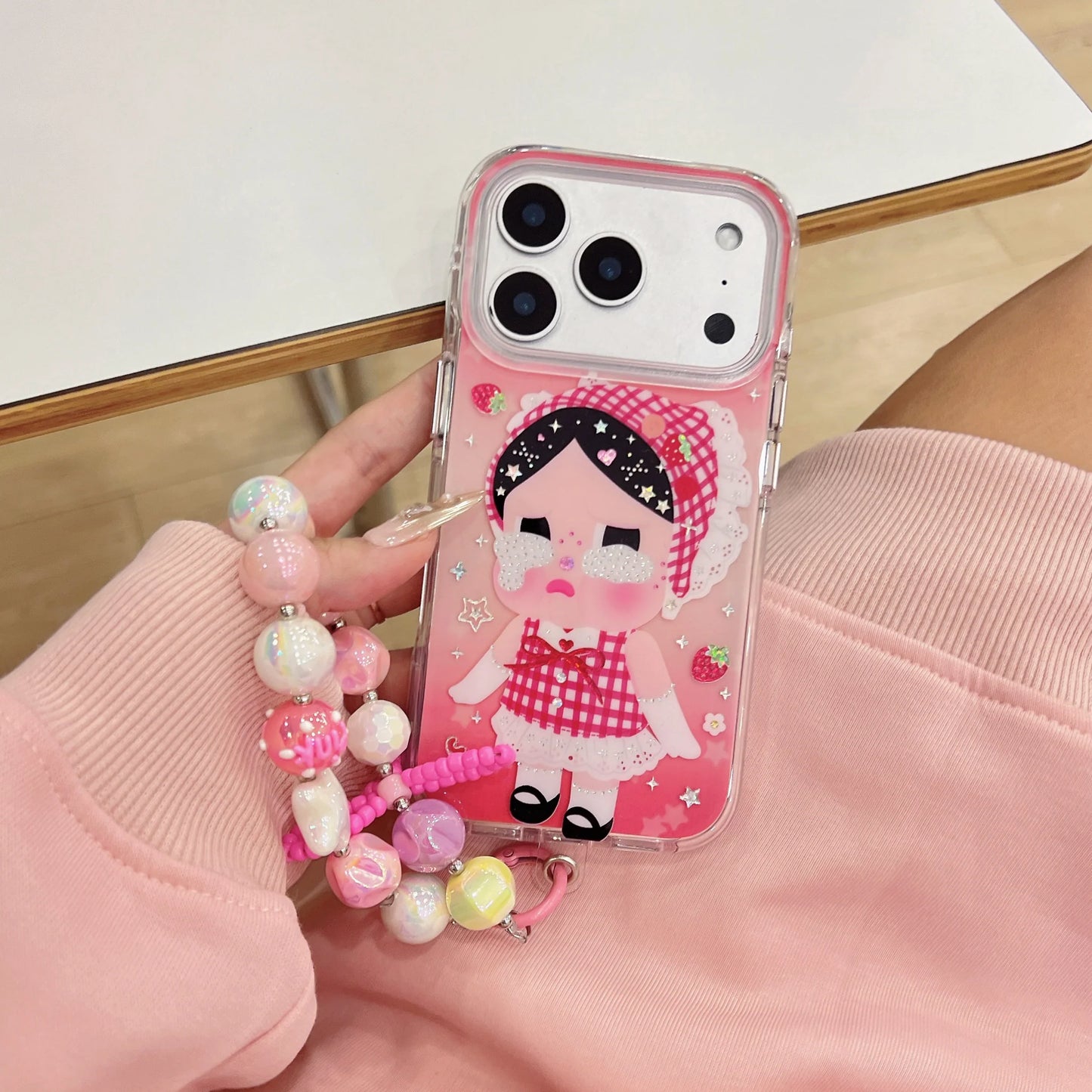 Cute Cartoon Phone Case With Beaded Charm Strap