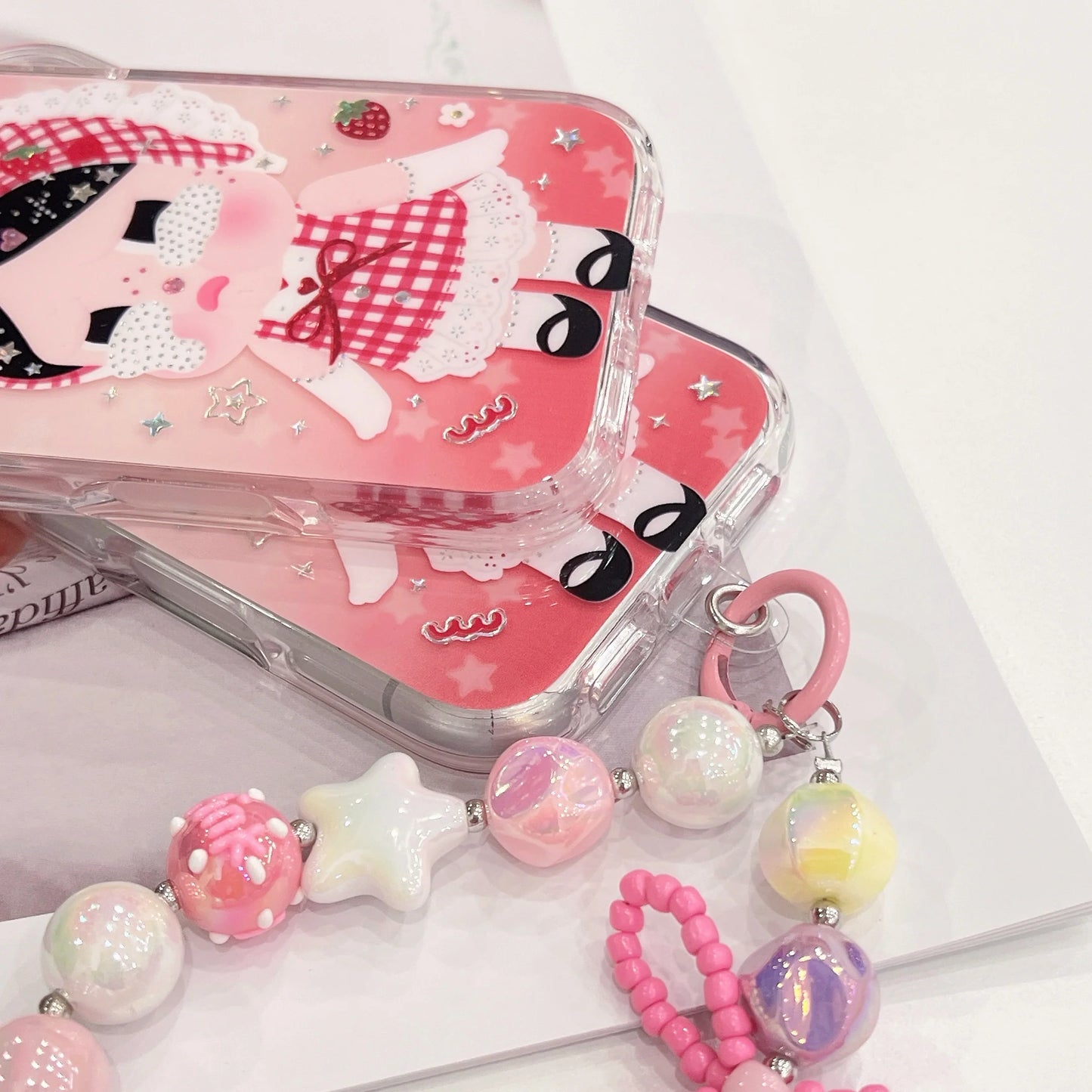 Cute Cartoon Phone Case With Beaded Charm Strap