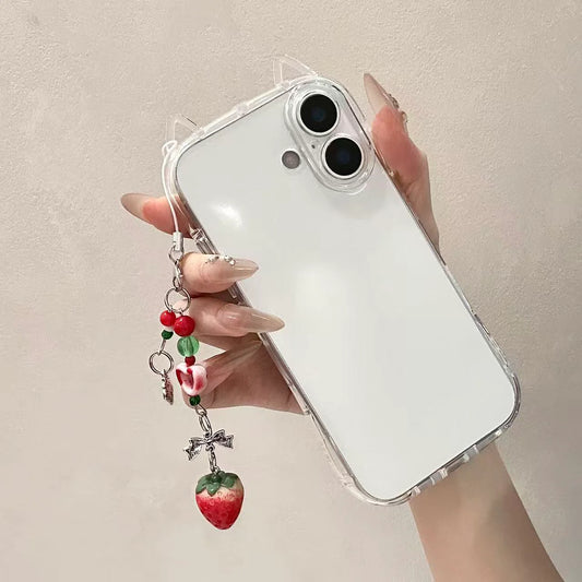 Clear Devil Horn Transparent Phone Case with Strawberry Charm