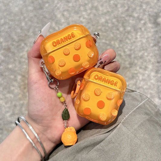 Glossy Orange Fruit Theme AirPods Case With Charm