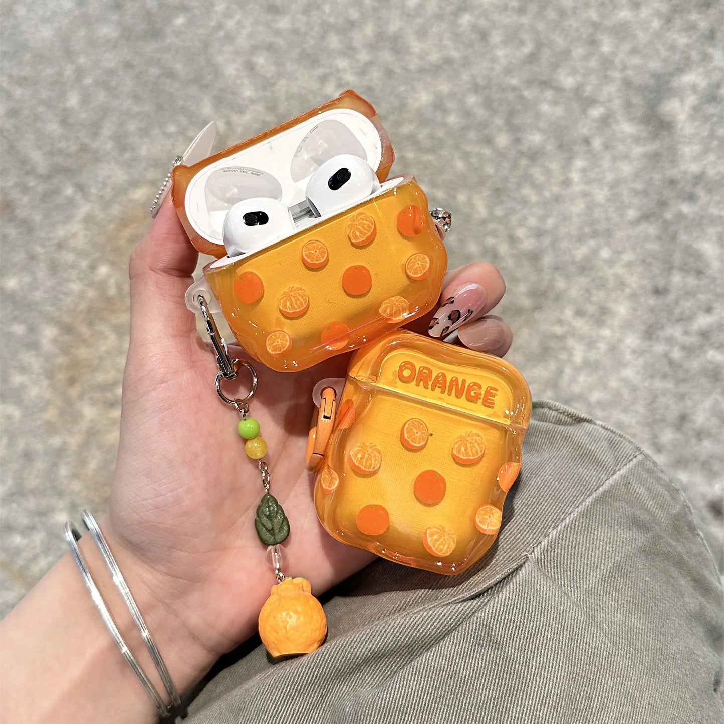 Glossy Orange Fruit Theme AirPods Case With Charm