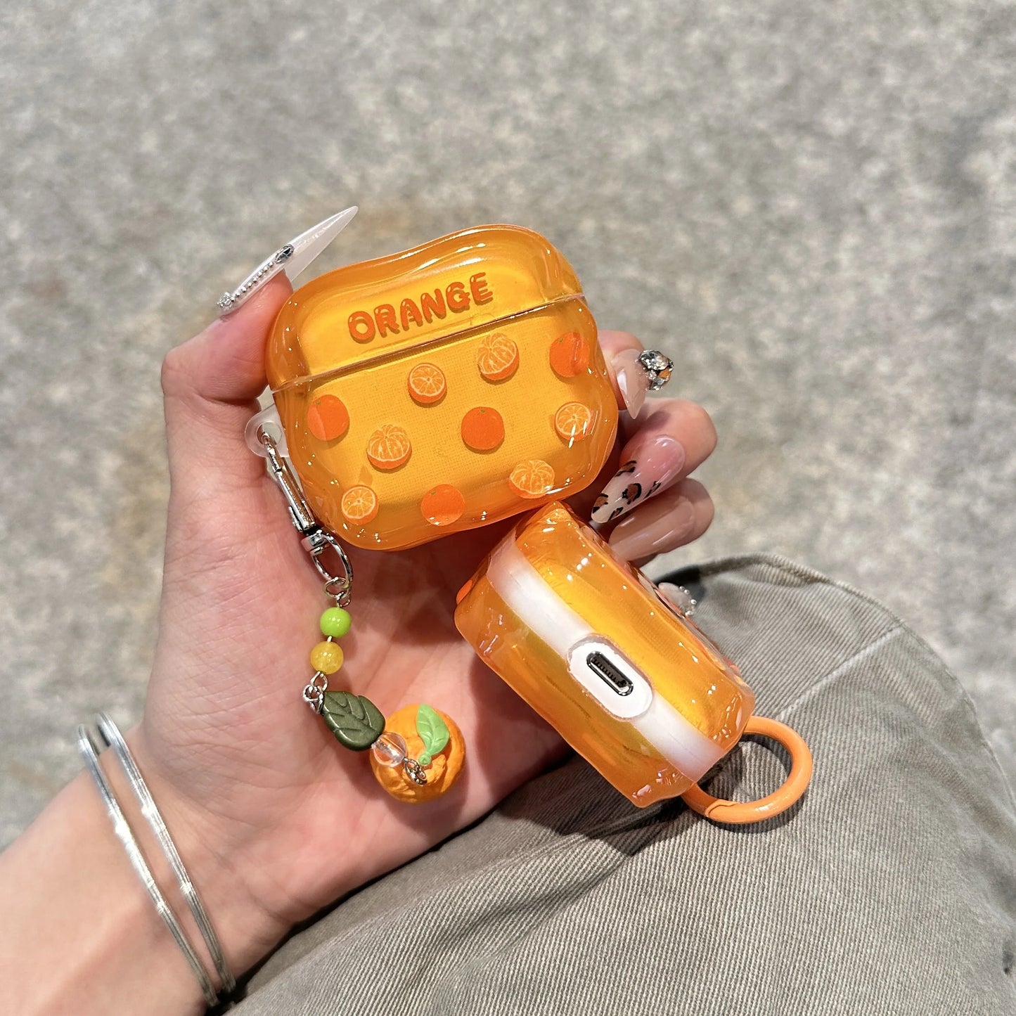 Glossy Orange Fruit Theme AirPods Case With Charm