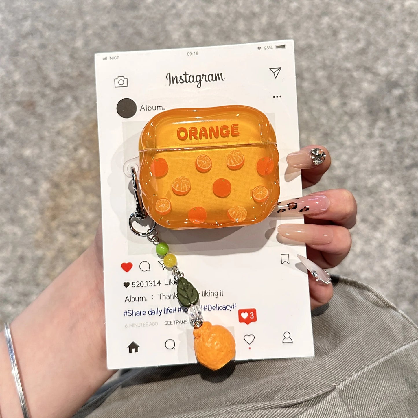 Glossy Orange Fruit Theme AirPods Case With Charm