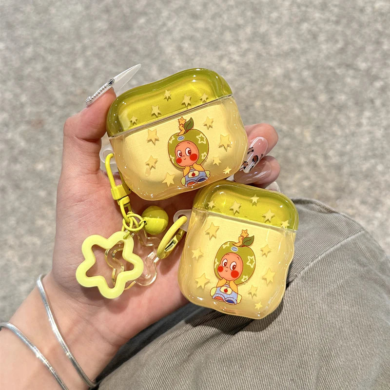 Glossy Protective Yellow Cartoon Star AirPods Case With Keychain