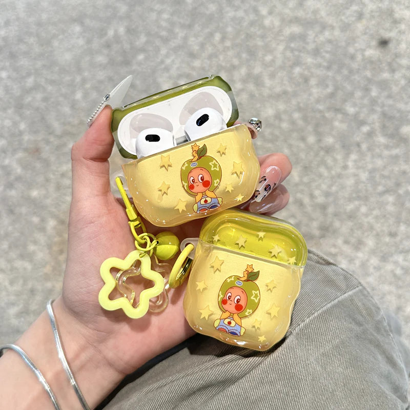 Glossy Protective Yellow Cartoon Star AirPods Case With Keychain