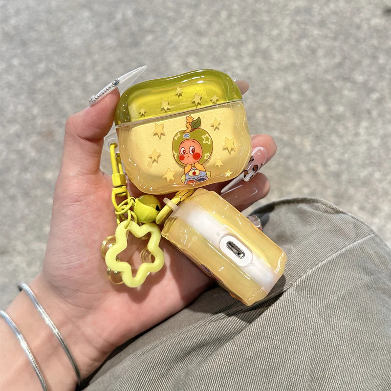 Glossy Protective Yellow Cartoon Star AirPods Case With Keychain