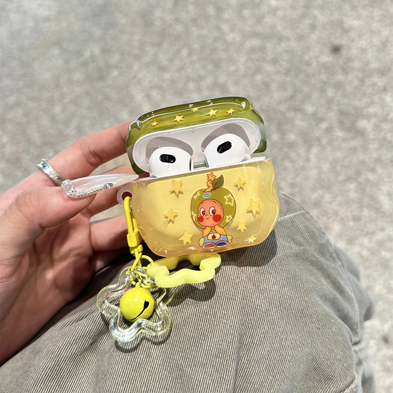 Glossy Protective Yellow Cartoon Star AirPods Case With Keychain
