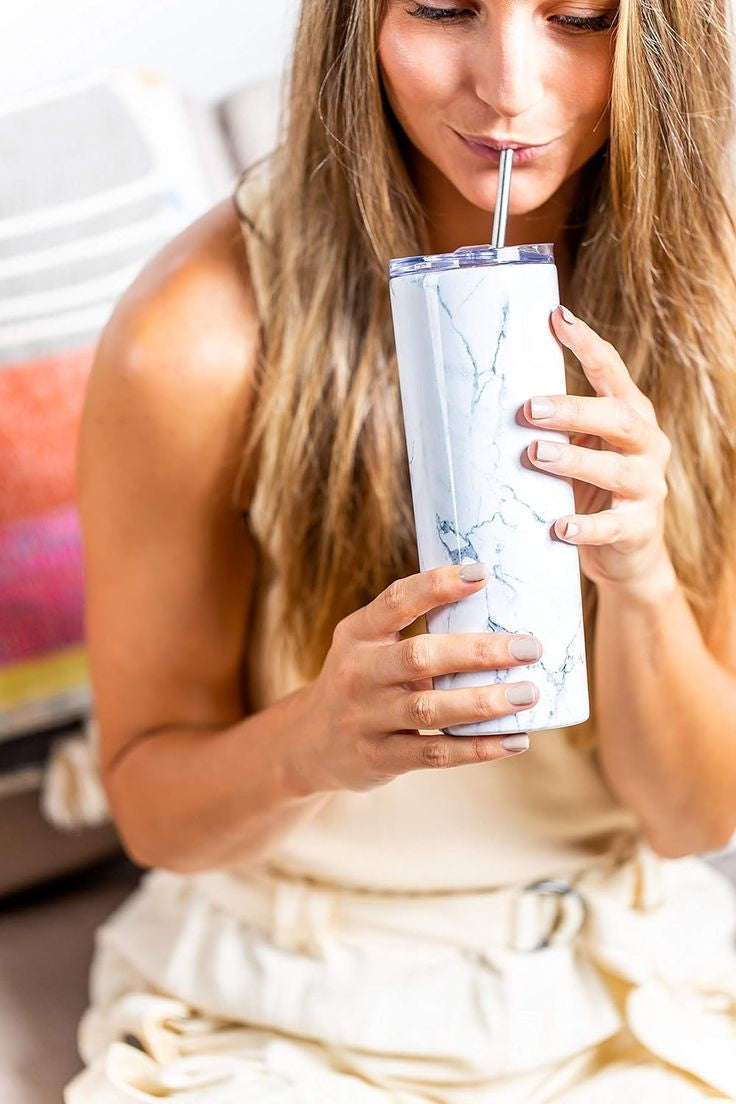 White Marble Designer Tumbler With Metal Straw