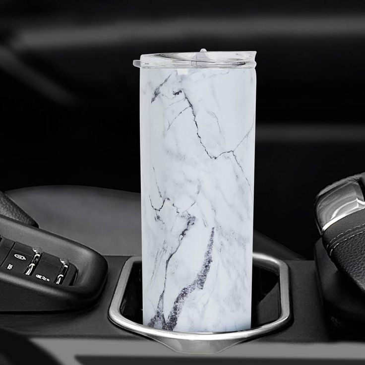 White Marble Designer Tumbler With Metal Straw