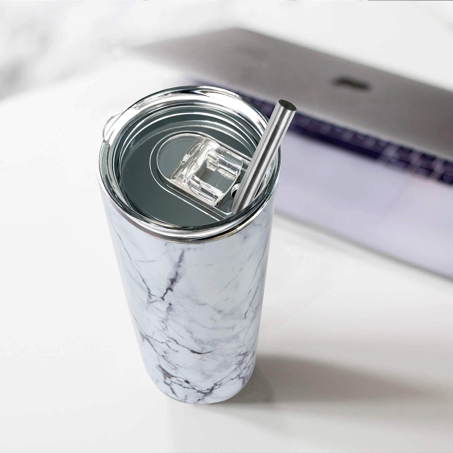 White Marble Designer Tumbler With Metal Straw