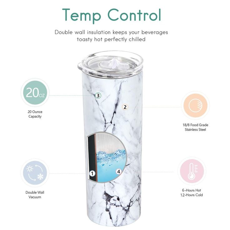 White Marble Designer Tumbler With Metal Straw