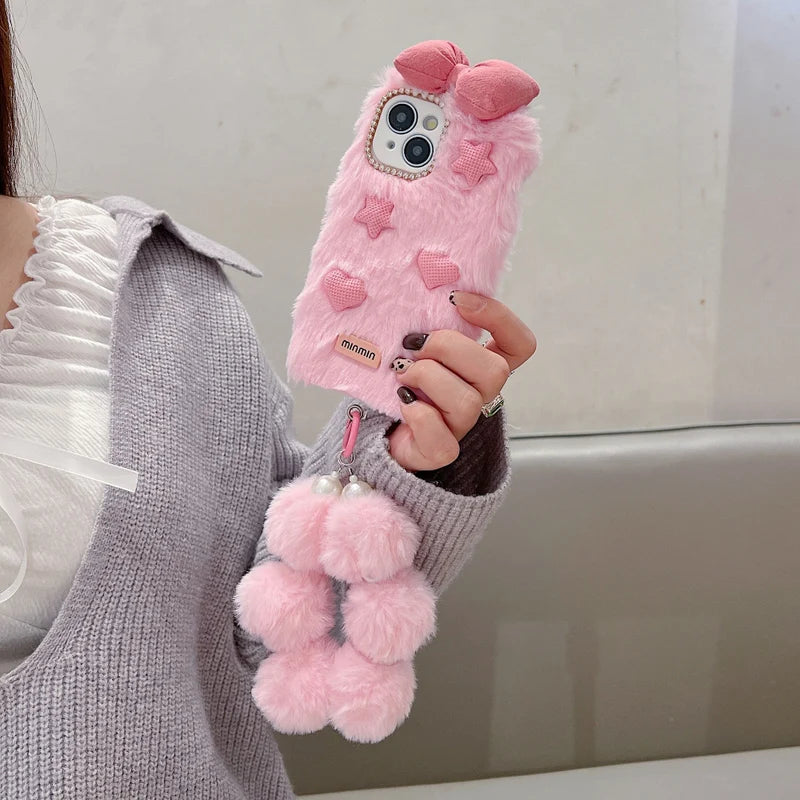 Bow Pattern Furry Phone Case with Furry Bracelet