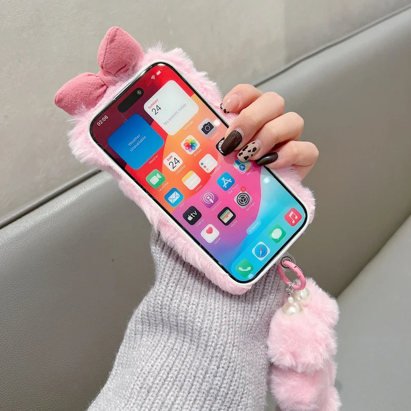 Bow Pattern Furry Phone Case with Furry Bracelet
