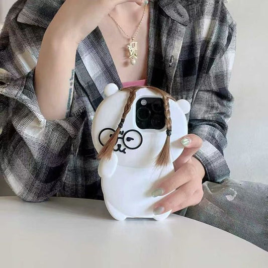 Braided-Hair Cute Cartoon Bear Silicone Phone case