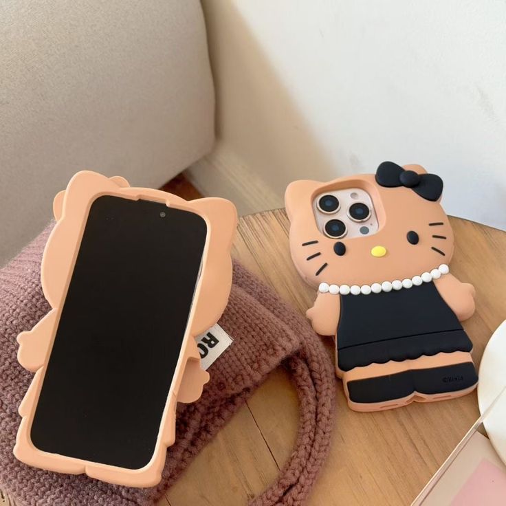 3D Brown Kitty Silicone Phone Case With Black Dress & Bow