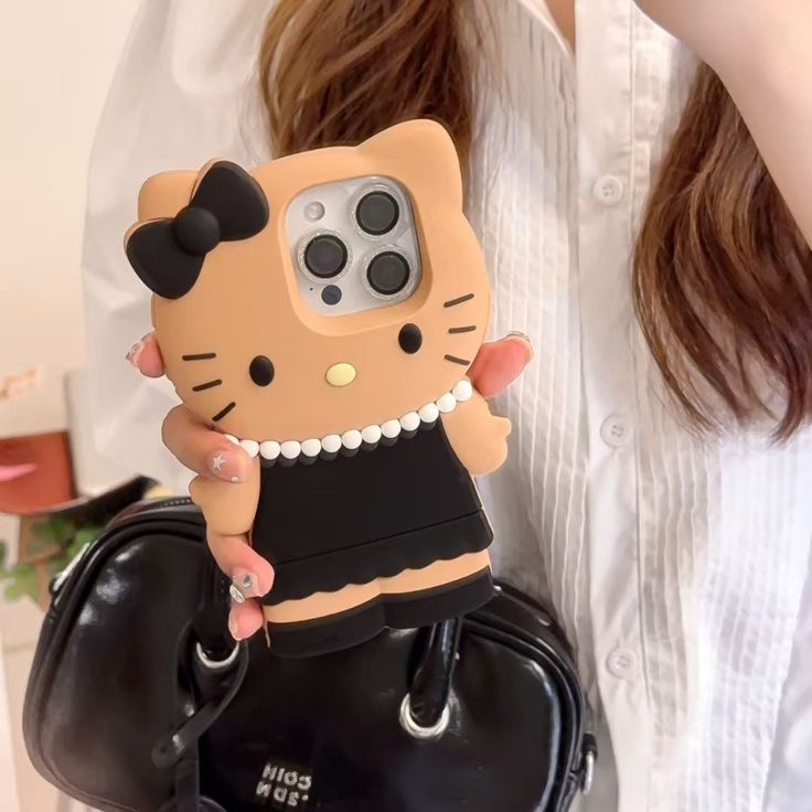 3D Brown Kitty Silicone Phone Case With Black Dress & Bow