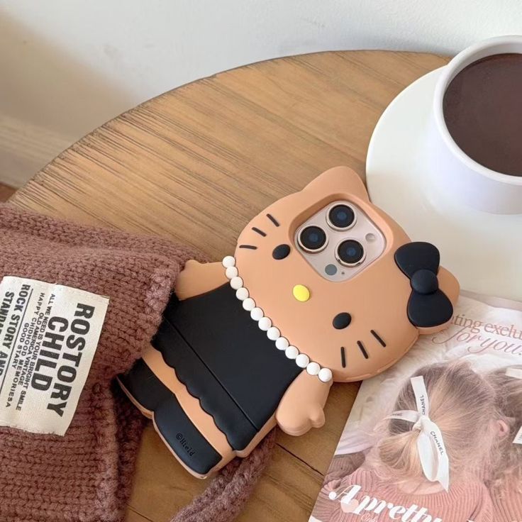 3D Brown Kitty Silicone Phone Case With Black Dress & Bow