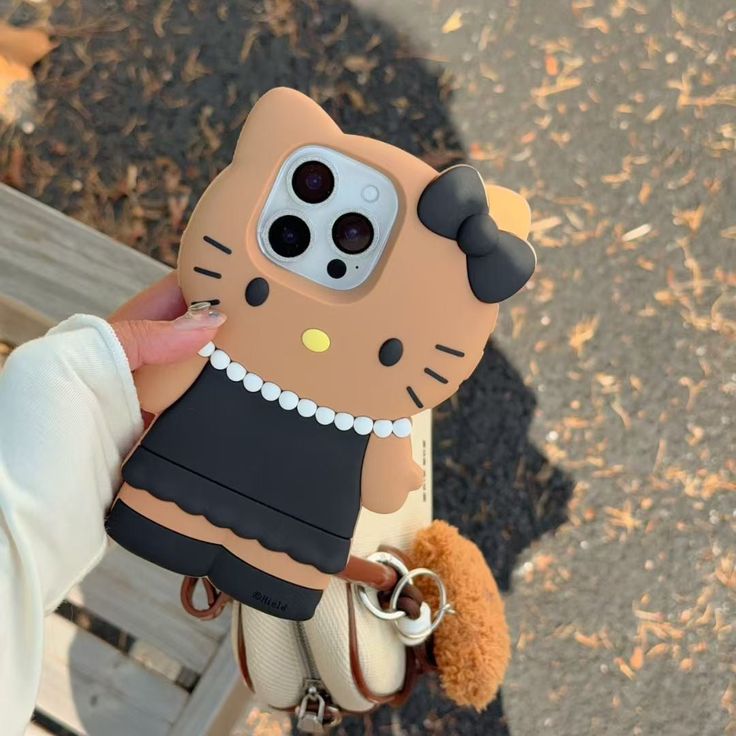 3D Brown Kitty Silicone Phone Case With Black Dress & Bow