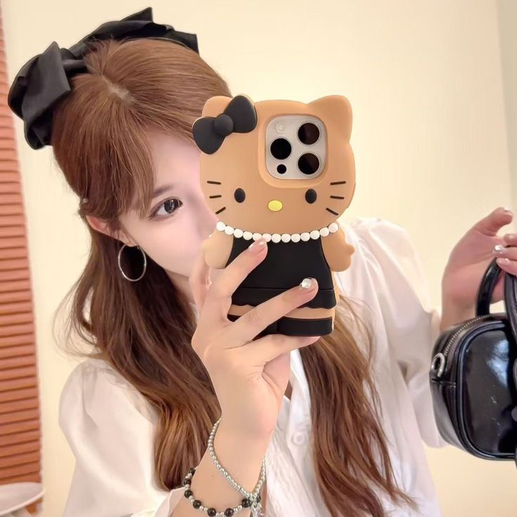 3D Brown Kitty Silicone Phone Case With Black Dress & Bow