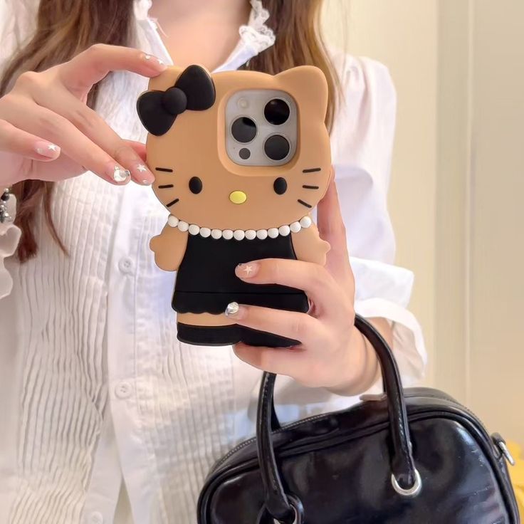 3D Brown Kitty Silicone Phone Case With Black Dress & Bow