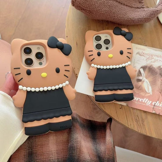 3D Brown Kitty Silicone Phone Case With Black Dress & Bow
