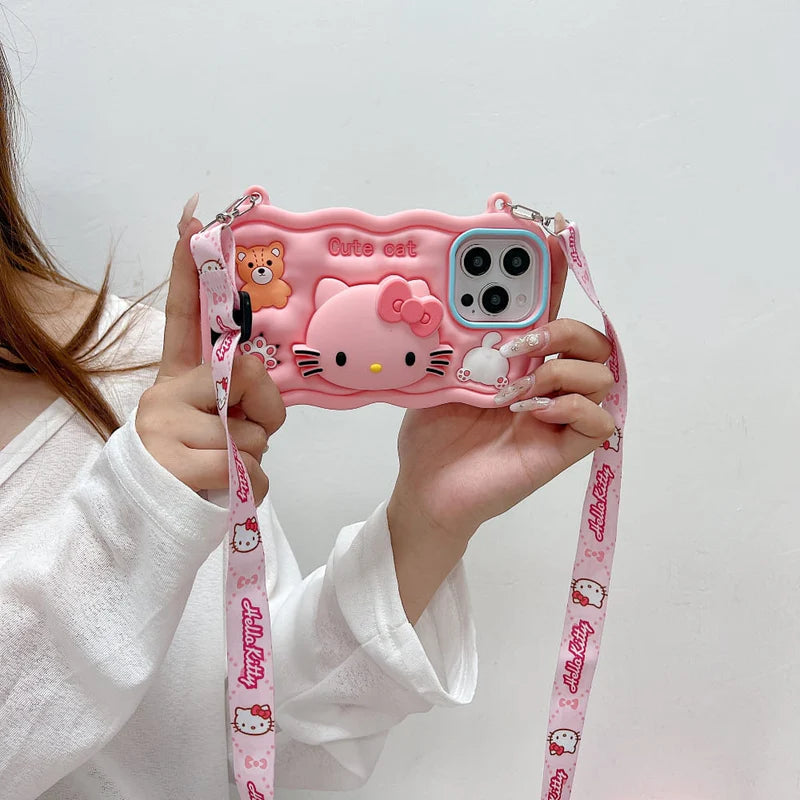 Cartoon Kitty Stand Silicone Phone Case with Shoulder Strap