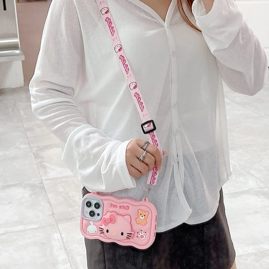Cartoon Kitty Stand Silicone Phone Case with Shoulder Strap
