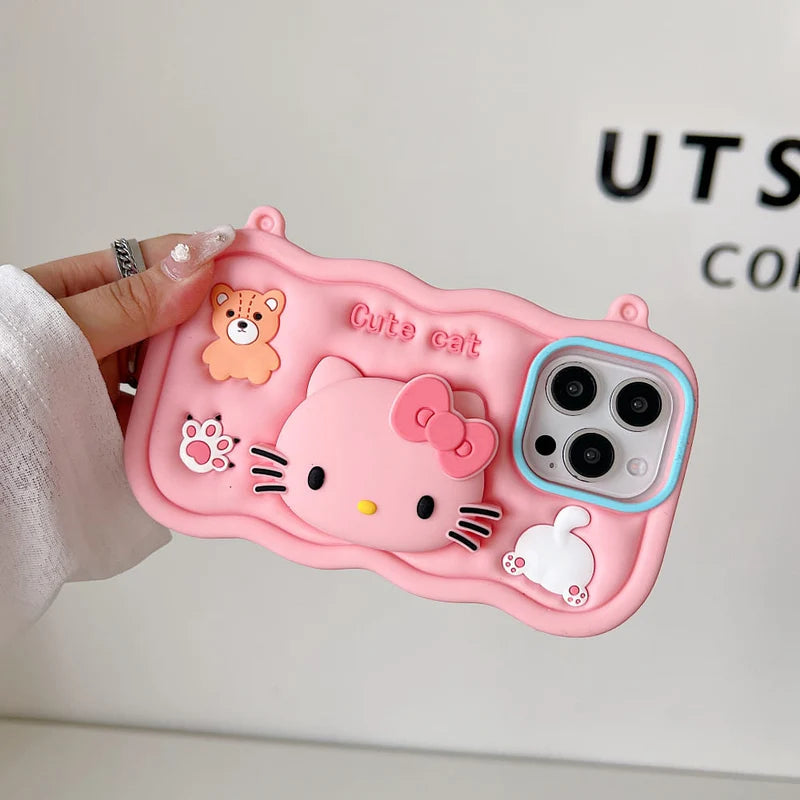 Cartoon Kitty Stand Silicone Phone Case with Shoulder Strap