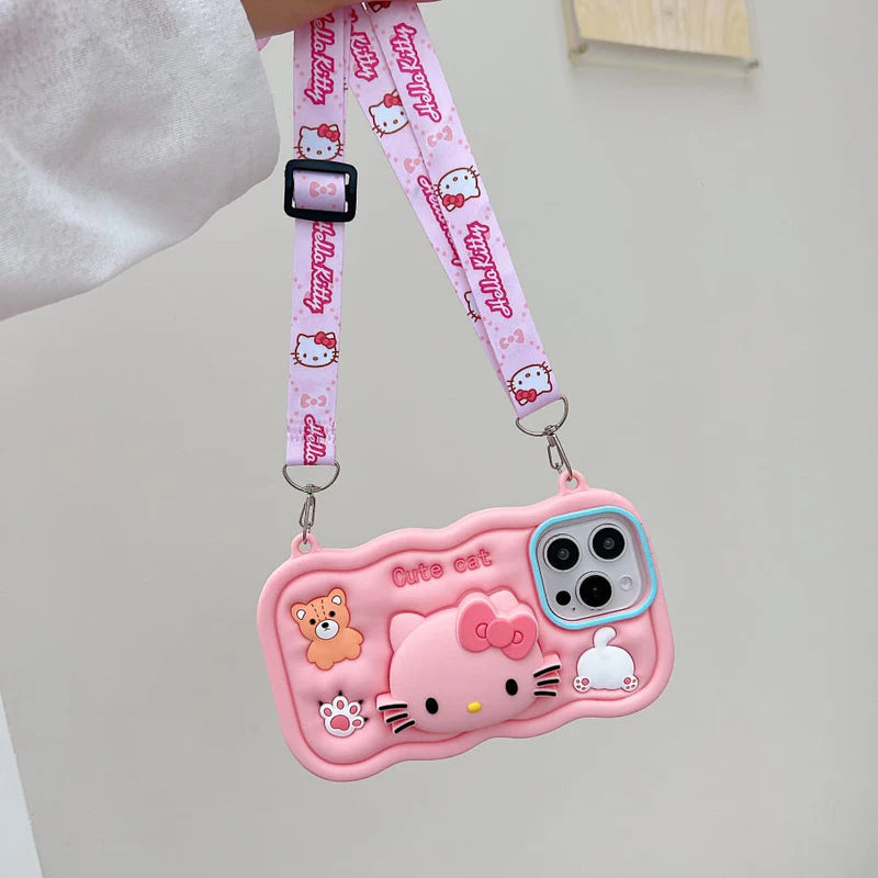 Cartoon Kitty Stand Silicone Phone Case with Shoulder Strap